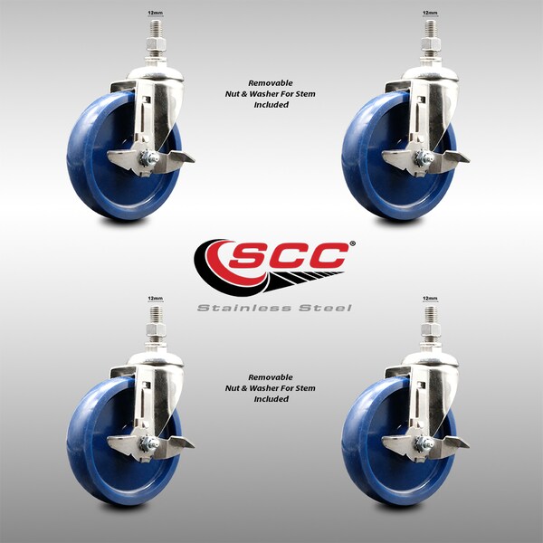Service Caster 5 Inch 316SS Solid Polyurethane Swivel 12mm Threaded Stem Caster Set Brake SCC-SS316TS20S514-SPUS-TLB-M1215-4 - main